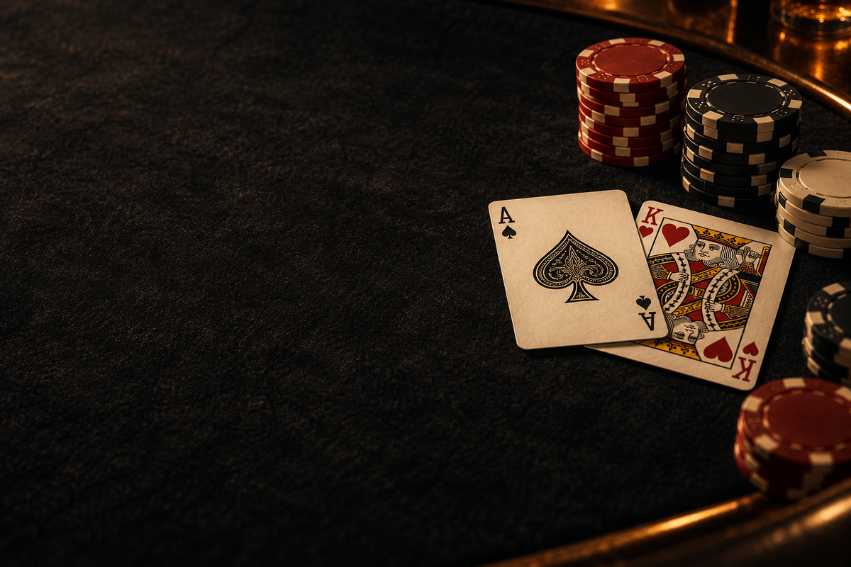Ace and king with red and cream chips on dark casino felt