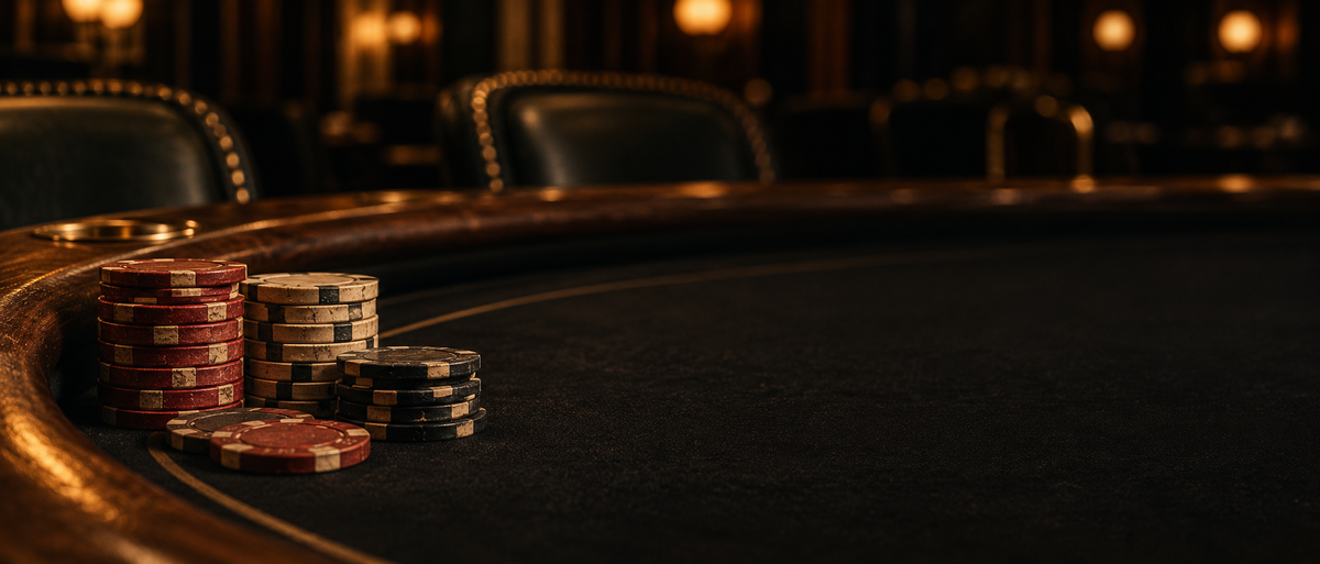 Vintage chips at a dark casino table under warm lights